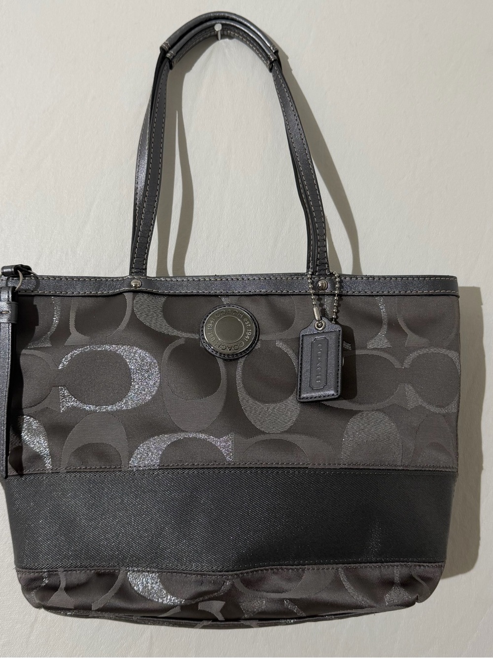 Coach Signature Metallic Stripe Tote Bag Charcoal Black Silver | Y2K Purse